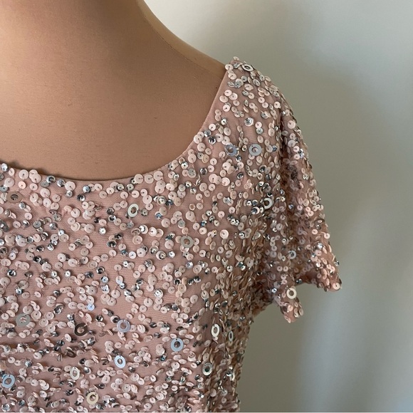Adrianna Papell Scoop Back Sequin Gown Short Sleeve Evening Dress Blush EUC 16W - Picture 7 of 10